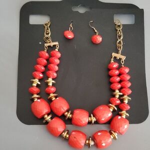 Elegant Red Beaded Necklace and Earring Set